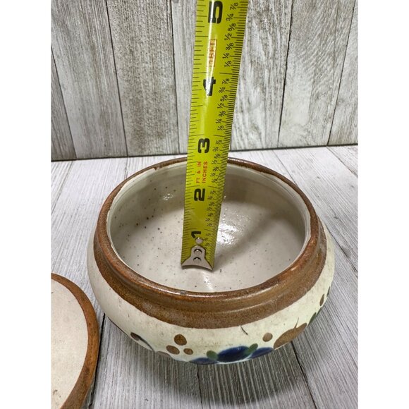 Vintage Mexican Tonala Trinket Dish with Blue Floral Accents 4" Diameter 3" Tall - Picture 11 of 14